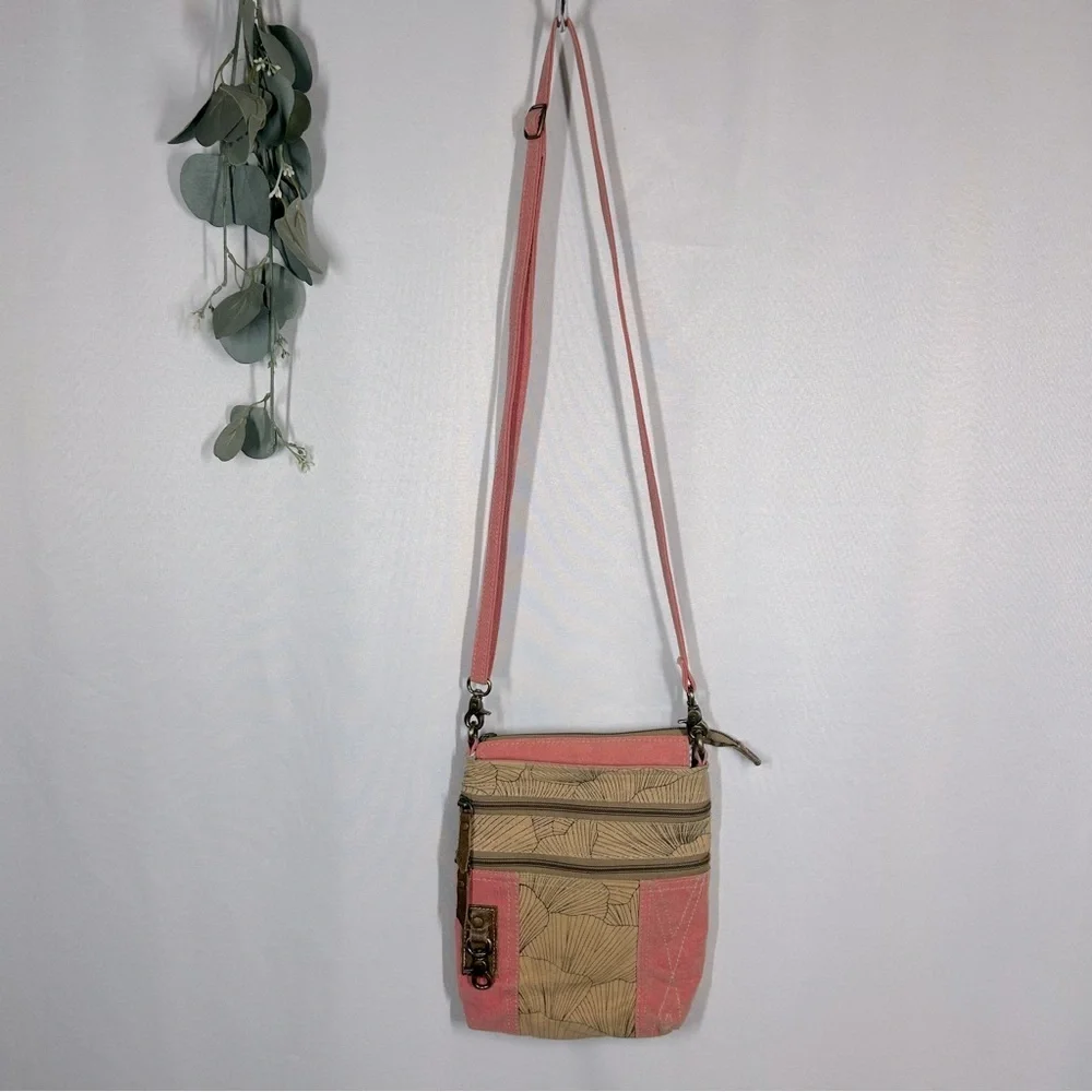 Canvas Crossbody Purse Pink Floral Handbag Tan Zipper Boho